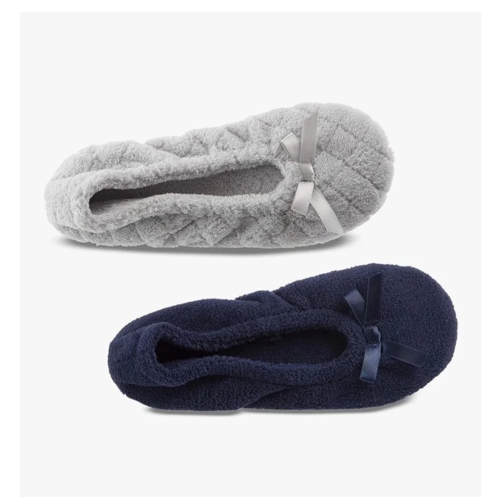 Isotoner Womens 2 Pack Microterry Ballerina Slippers Grey Quilted Navy Blue XL - Picture 2 of 6